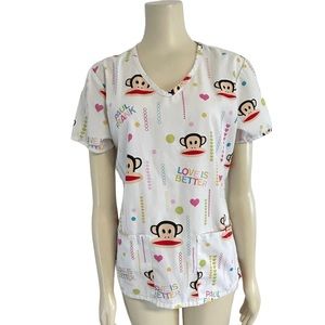 Paul‎ Frank Monkey White Colorful Medical Scrub Top Womens XS Pockets